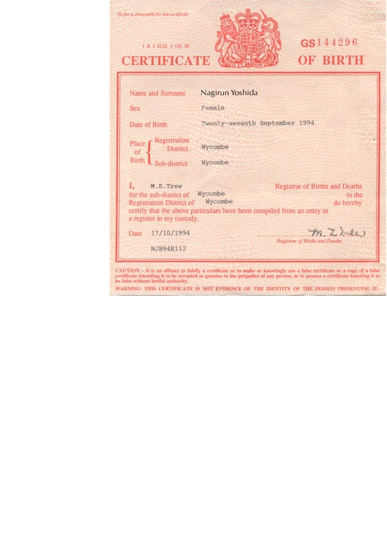 Nagirun's birth certificate